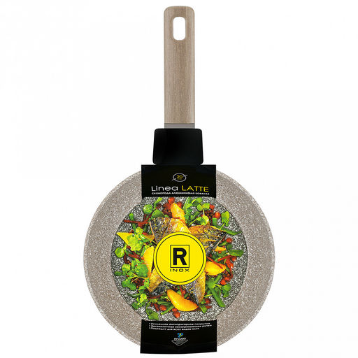 Сковорода с антипригарным покрытием "Latte" д20см, h4,5см, s2,6мм, дно s3,1мм, литой алюминий, бакелитовая ручка с покрытием "soft-touch", капсульное дно, "Regent" (Китай) Подходит для всех видов плит, включая индукционную.