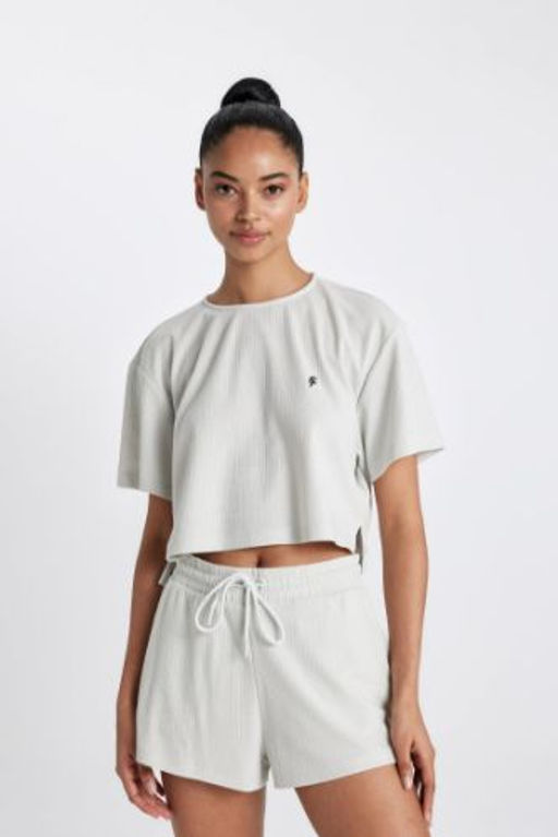 DeFactoFit Crop Bisiklet Yaka Sporcu Ribana K?sa Kollu Tisort