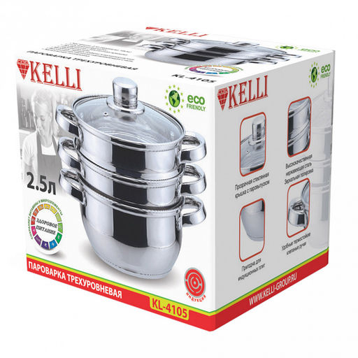 Пароварка из нержавеющей стали 2,5л, д18см, h21см, 3 уровня (2 кастрюли-дуршлаг), стеклянная крышка с паровыпуском, 3х-слойное капсульное дно, зеркальная полировка, удобные клепаные ручки не нагреваются (Китай) Подходит для всех видов плит, включая и