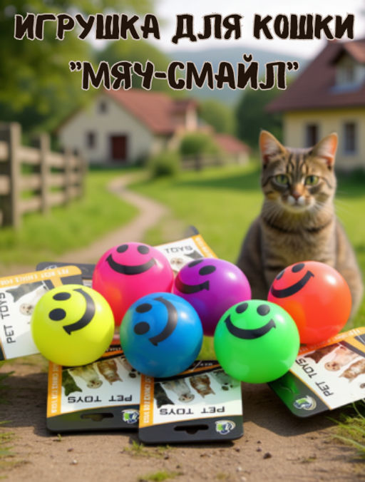 Пэт тойс (Pet toys) Игрушка для кошки Мяч-смайл д5,3см h5,3см, ПВХ, светящаяся, на картоне, цветная, цвета в ассортименте: желтый, зеленый, синий, коралловый, фуксия, фиолетовый (Китай)  фото 3