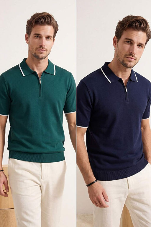 Lacivert-Ye_il 2li Paket Regular Kesim Yaka ve Kol _izgili Triko Polo Yaka T-shirt TMNSS26PO00026