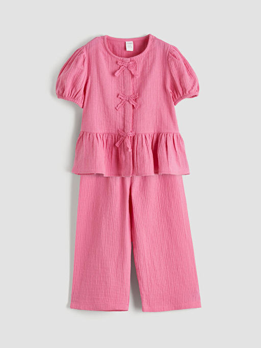 Bisiklet Yaka Fiyonk Detayl? K?z ?ocuk Bluz ve Pantolon