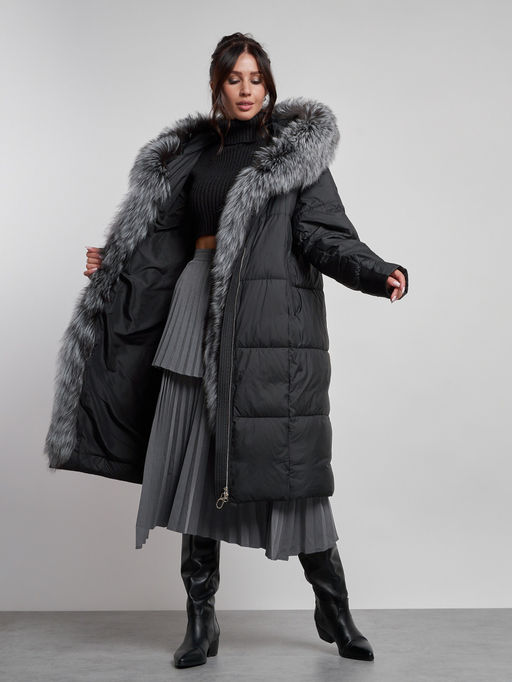 Пальто утепленное с чернобуркой зимнее женское черного цвета 133156Ch - Visdeer фото 4