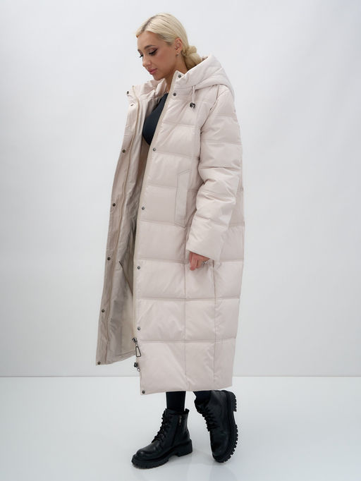 Пальто утепленное стеганное зимнее с капюшоном женское бежевого цвета 9627B - Mtforce фото 14