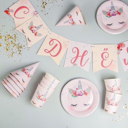 Набор бумажной посуды Единорог, 6 тарелок, 6 стаканов, 6 колпаков, 1 гирлянда - Страна карнавалия фото 2