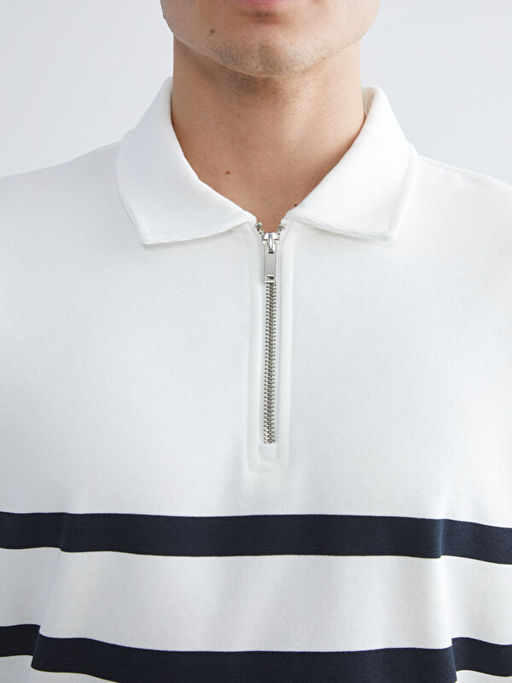 Polo Yaka Uzun Kollu ?izgili Erkek Sweatshirt
