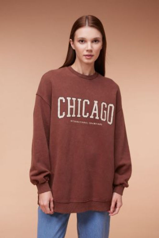 Bisiklet Yaka Bask?l? Ici Yumusak Tuylu Sweatshirt Tunik