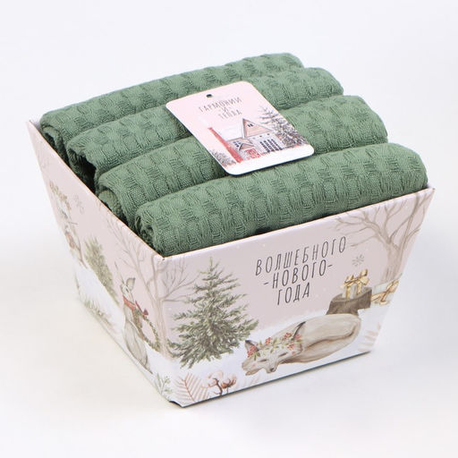 Набор кухонных полотенец «Доляна», хаки, 35×60 см - 4 шт., 100% хлопок, вафля 220 г/м²