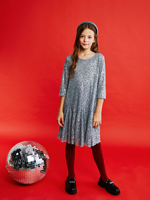 Bisiklet Yaka Pul ??lemeli K?z ?ocuk Elbise