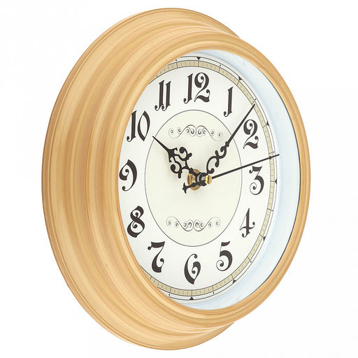Часы настенные "Вензель" д19-22,5см, h4см, мягкий ход, циферблат белый/бежевый; цифры арабские, черный; корпус пластик, бежевый "под дерево"; в коробке (Китай)