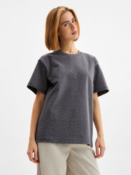 Футболка со стразами женская MIST, серая, размер L