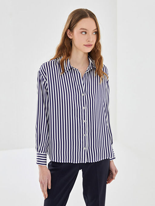 ?izgili Uzun Kollu Oversize Saten Kad?n G?mlek