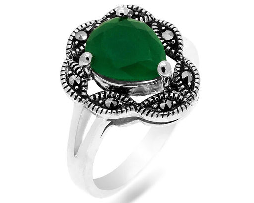 Кольцо из серебра зеленый агат, марказит, SL-AGA1629