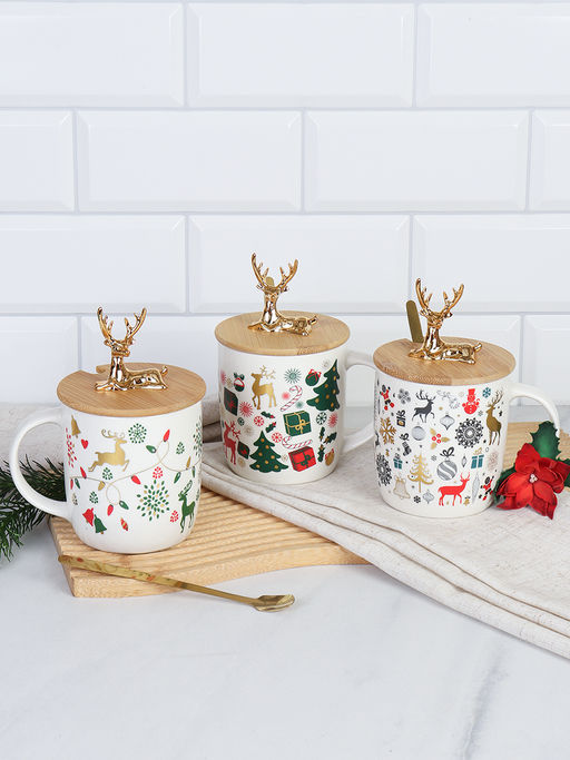 Кружка новогодняя с крышкой, ложка /400 мл/ HB-270 /уп 60/