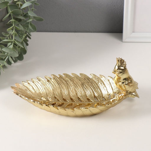Фигурка полистоун подставка «Золотой попугайчик с хохолком на золотом листе», 11×24.5×11 см