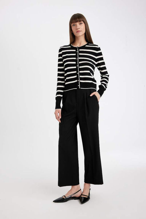 Полосатый кардиган обычного кроя с круглым вырезом - Defacto фото 2