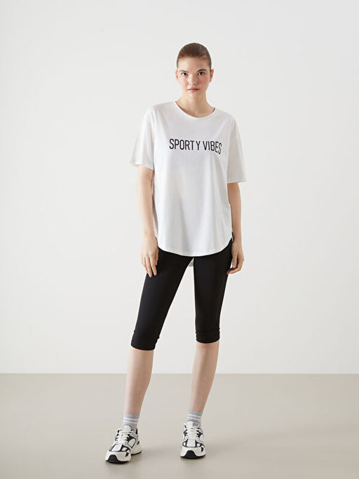 Bisiklet Yaka Bask?l? Kad?n Spor Ti??rt