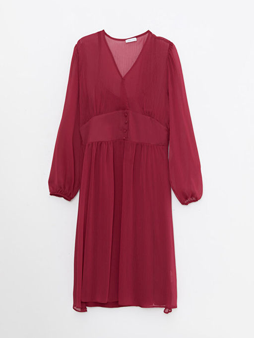 V Yaka D?z Uzun Kollu ?ifon Elbise