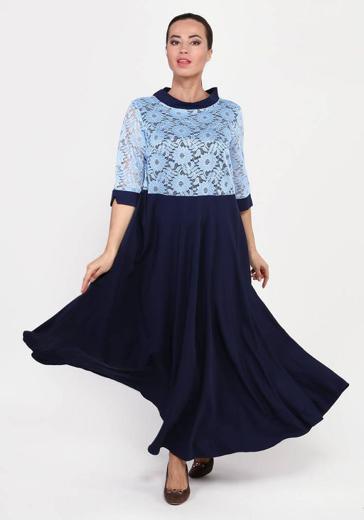 Платье с ажурным верхом и рукавом 3/4 сине-голубой