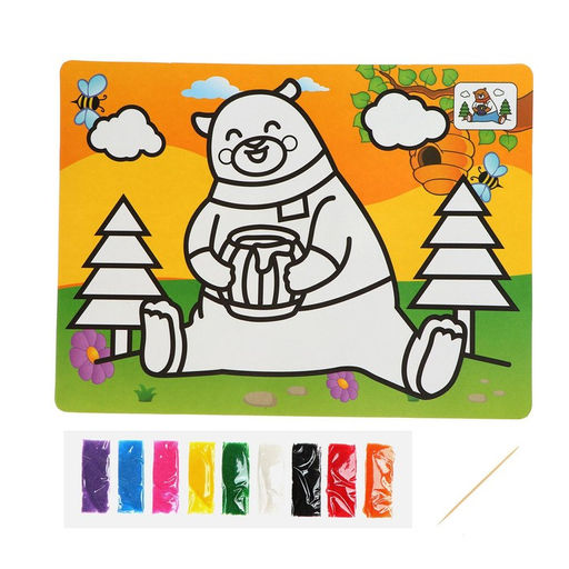 Цена за 3 шт. Фреска с цветным основанием «Мишка» 9 цветов песка по 2 г