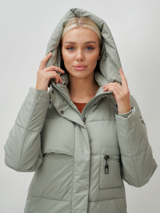 Пальто утепленное стеганное зимнее с капюшоном женское зеленого цвета 9611Z - Mtforce фото 6