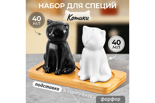 Набор д/специй 2 пр. "Котики" черн/бел на дерев. подставке