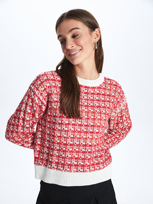 Bisiklet Yaka Desenli Uzun Kollu Kad?n Triko Kazak