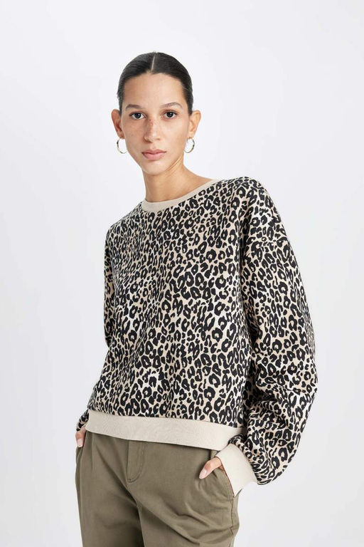 Толстый свитшот свободного кроя с круглым вырезом и леопардовым узором - Defacto фото 4