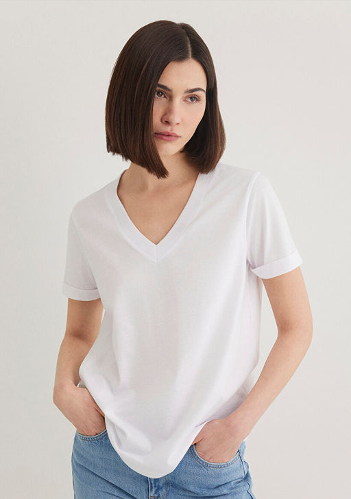 V Yaka Beyaz Basic Tisort - Mavi фото 3