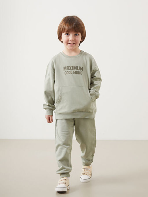 Bisiklet Yaka Bask?l? Erkek ?ocuk Sweatshirt ve E?ofman Alt 2li