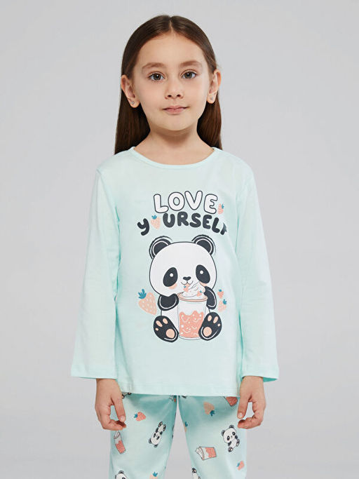 Bisiklet Yaka Bask?l? Uzun Kollu K?z ?ocuk Pijama Tak?m?