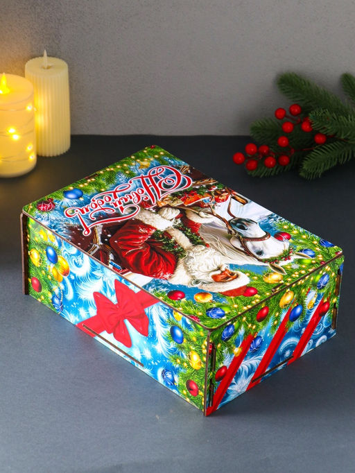 Новогодняя шкатулка подарочная Дед Мороз и лошадь, для подарков, самосборная, 28?19.5?11 см