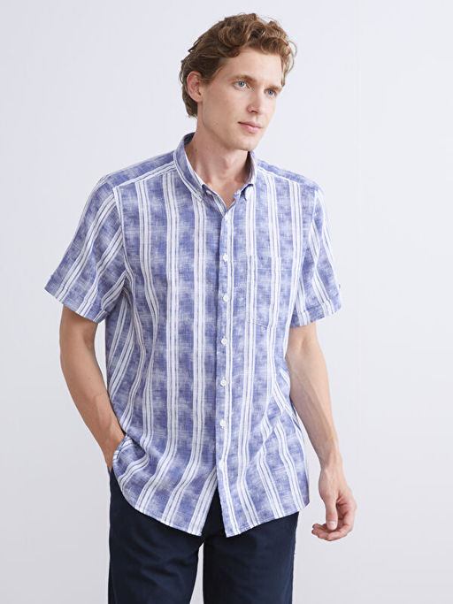 Regular Fit K?sa Kollu ?izgili Poplin Erkek G?mlek