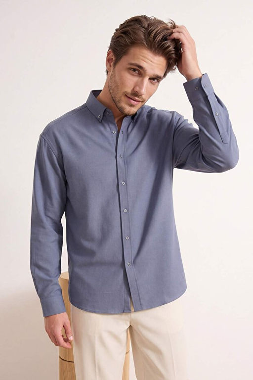 Gri Keten Dokulu Uzun Kollu Yar_ Oversize Erkek G_mlek TMNSS26GO00036 - Trendyolmilla фото 2