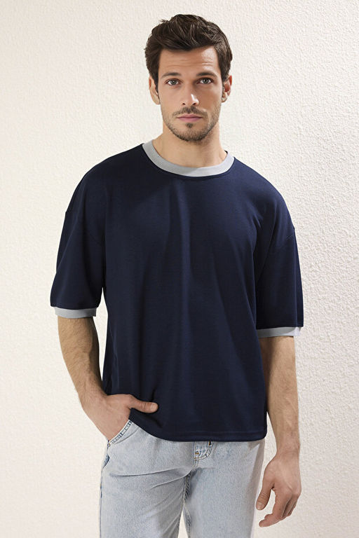 Lacivert Boxy Fit/Kare Kesim Yumu_ak Doku _nterlok Kuma_ T-Shirt TMNSS25TS00078 - Trendyolmilla фото 2
