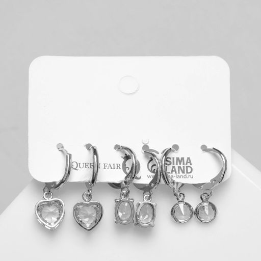 Серьги набор 3 пары Трио сердца, цвет серебро - Queen fair фото 2