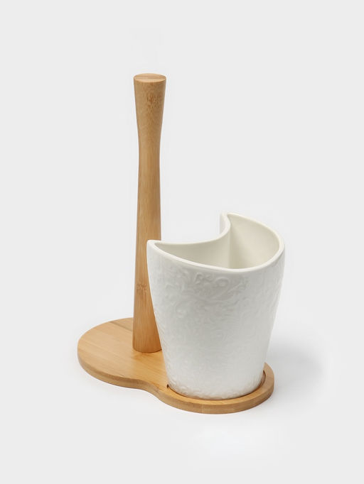 Подставка для бумажных полотенец и кухонных принадлежностей BellaTenero, 19.5×12.5×25.5 см, фарфор, бамбук, белая