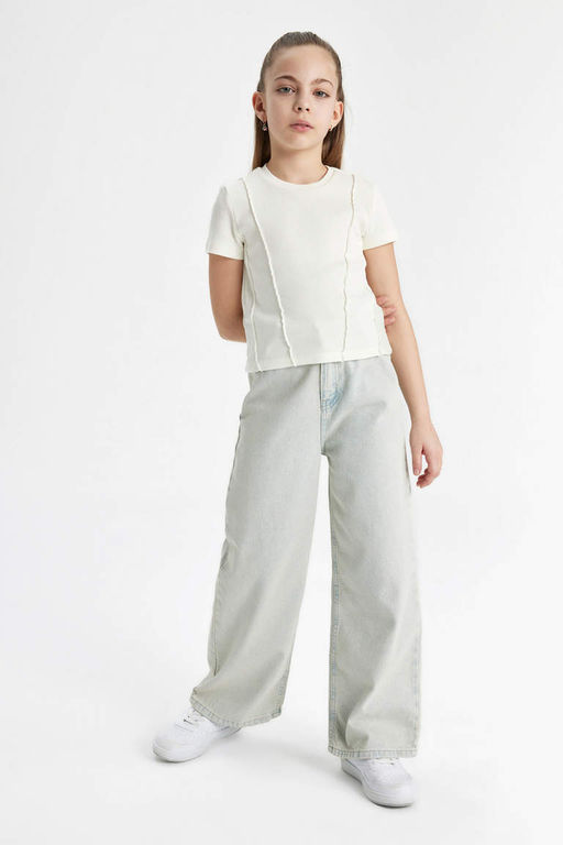 Облегающая футболка в рубчик с короткими рукавами для девочек - Defacto фото 2