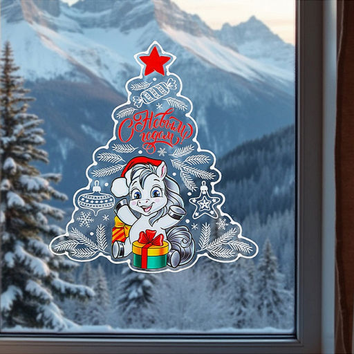 Силиконовая новогодняя наклейка "Лошадка с подарками" 33*30 см