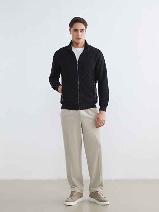 Standart Kal?p Dik Yaka Erkek Fermuarl? Sweatshirt