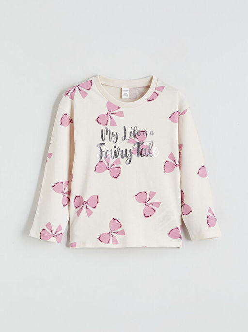 Bisiklet Yaka Fiyonk Bask?l? K?z ?ocuk Ti??rt