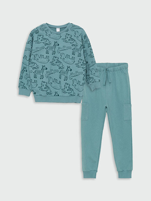 Bisiklet Yaka Uzun Kollu Bask?l? Erkek Bebek Sweatshirt ve E?ofman Alt 2li Tak?m