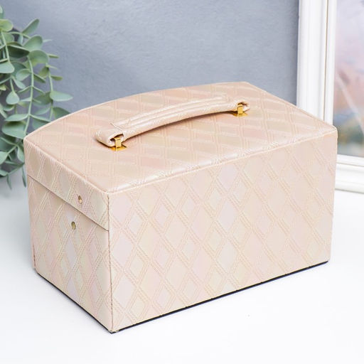 Шкатулка кожзам для украшений сундук Сеть из ромбов. Сливочный перламутр 13х16х23 см - Simaland фото 5