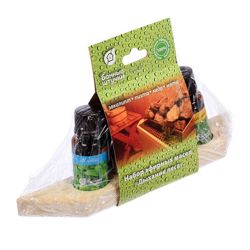 Набор эфирных масел "Дыхание леса" "Эвкалипт, пихта, кедр, мята" 15млх4шт. на дер.полочке (32156)