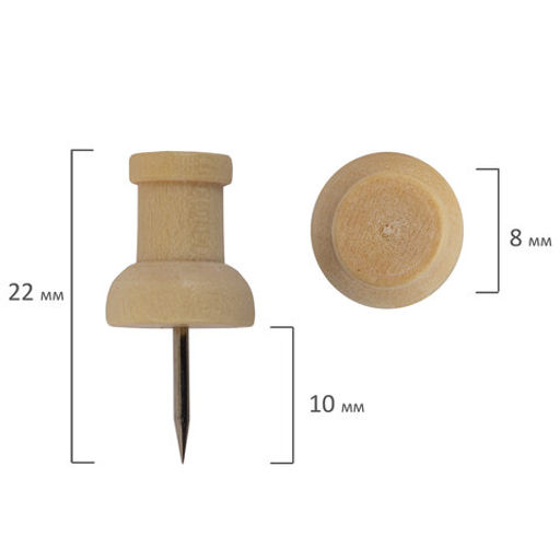 Силовые кнопки-гвоздики BRAUBERG WOOD, деревянные, 30 штук, 10 мм