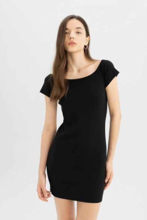 Coool Bodycon Vucuda Oturan Kay?k Yaka Basic Duz Fitilli Kaskorse K?sa Kollu Mini Elbise
