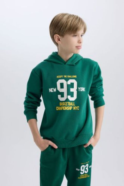 Erkek Cocuk Kapusonlu Bask?l? Kal?n Sweatshirt