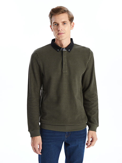 Polo Yaka Uzun Kollu ?izgili Erkek Sweatshirt