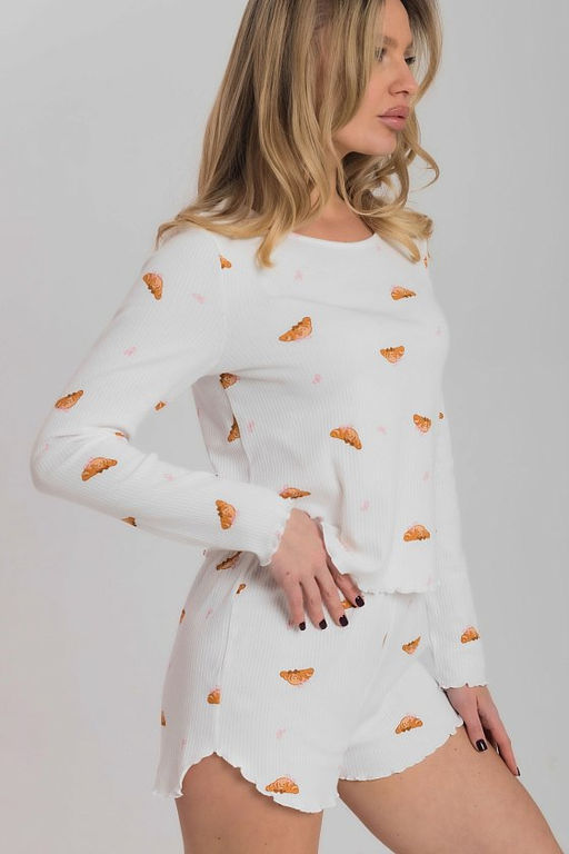 Пижама лонгслив и шорты из интерлока М325418мк молочный/коричневый - Елена фото 4