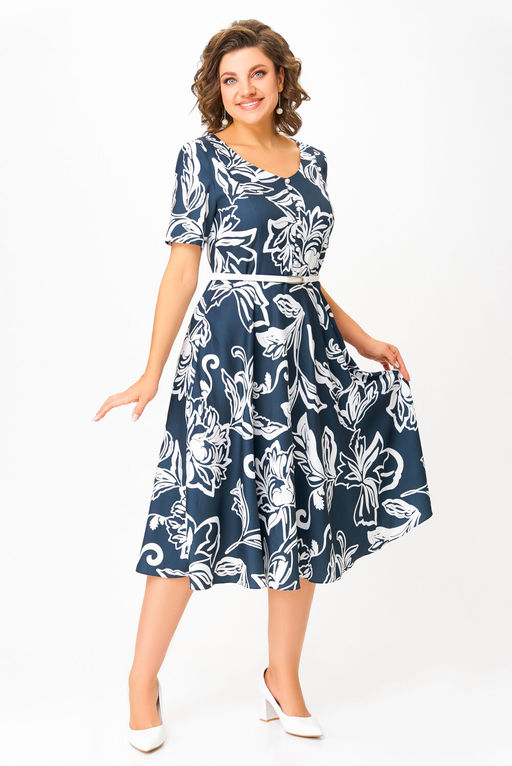 Платье Swallow 856 глубинно--синий в белый принт цветы  фото 6